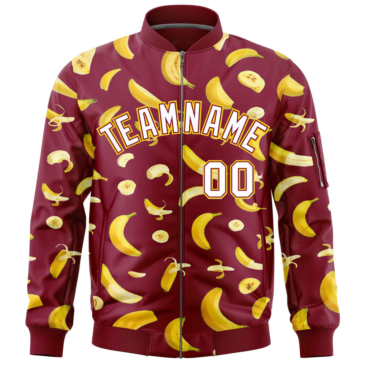 Custom Crimson Varsity Full-Zip Banana Pattern Letterman Bomber Jacket | Graffiti Pattern | Embroidery&amp;Dye-sublimation printing | KXKSHOP
