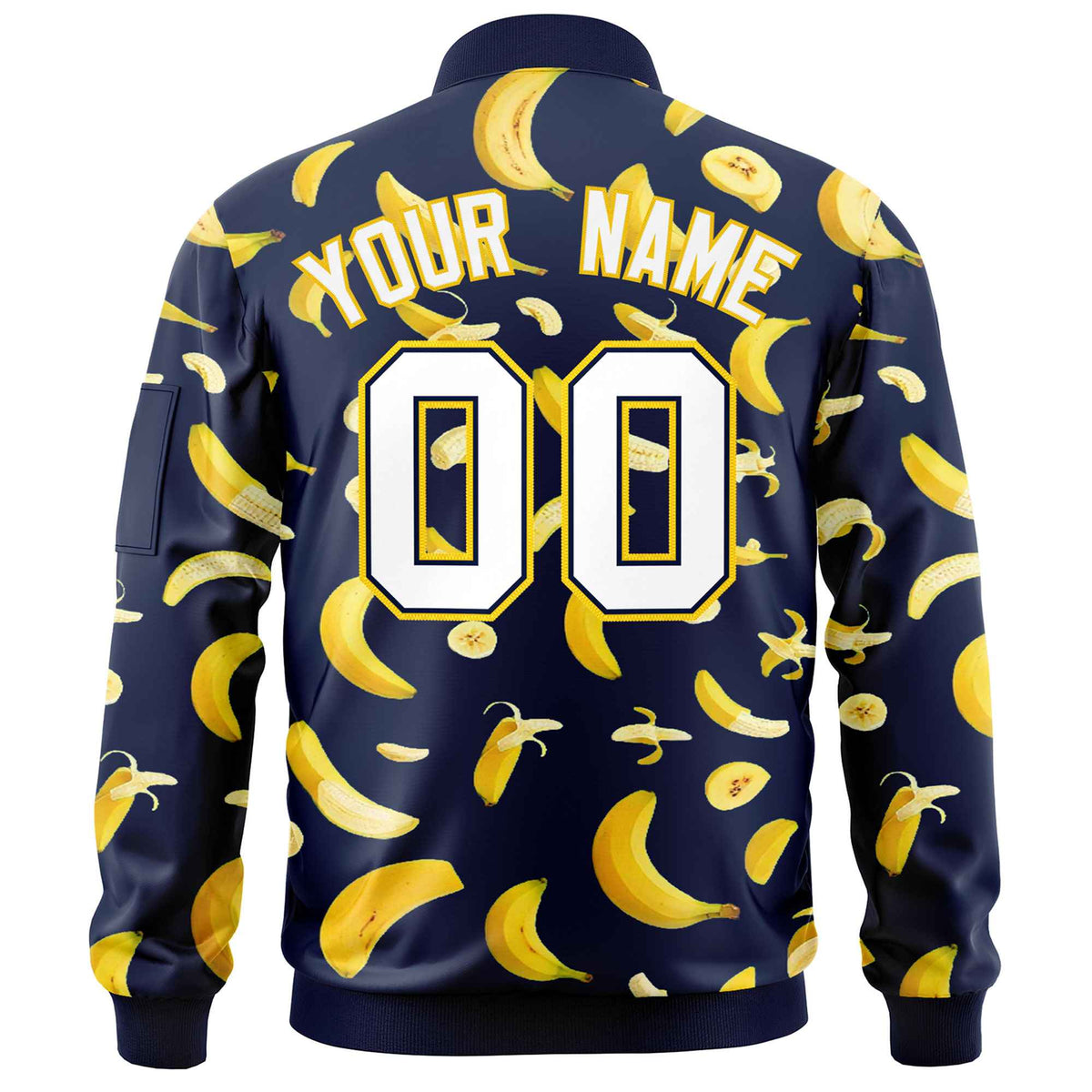 Custom Navy Varsity Full-Zip Banana Pattern Letterman Bomber Jacket | Graffiti Pattern | Embroidery&amp;Dye-sublimation printing | KXKSHOP