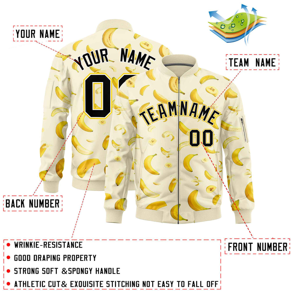 Custom Cream Varsity Full-Zip Banana Pattern Letterman Bomber Jacket | Graffiti Pattern | Embroidery&amp;Dye-sublimation printing | KXKSHOP