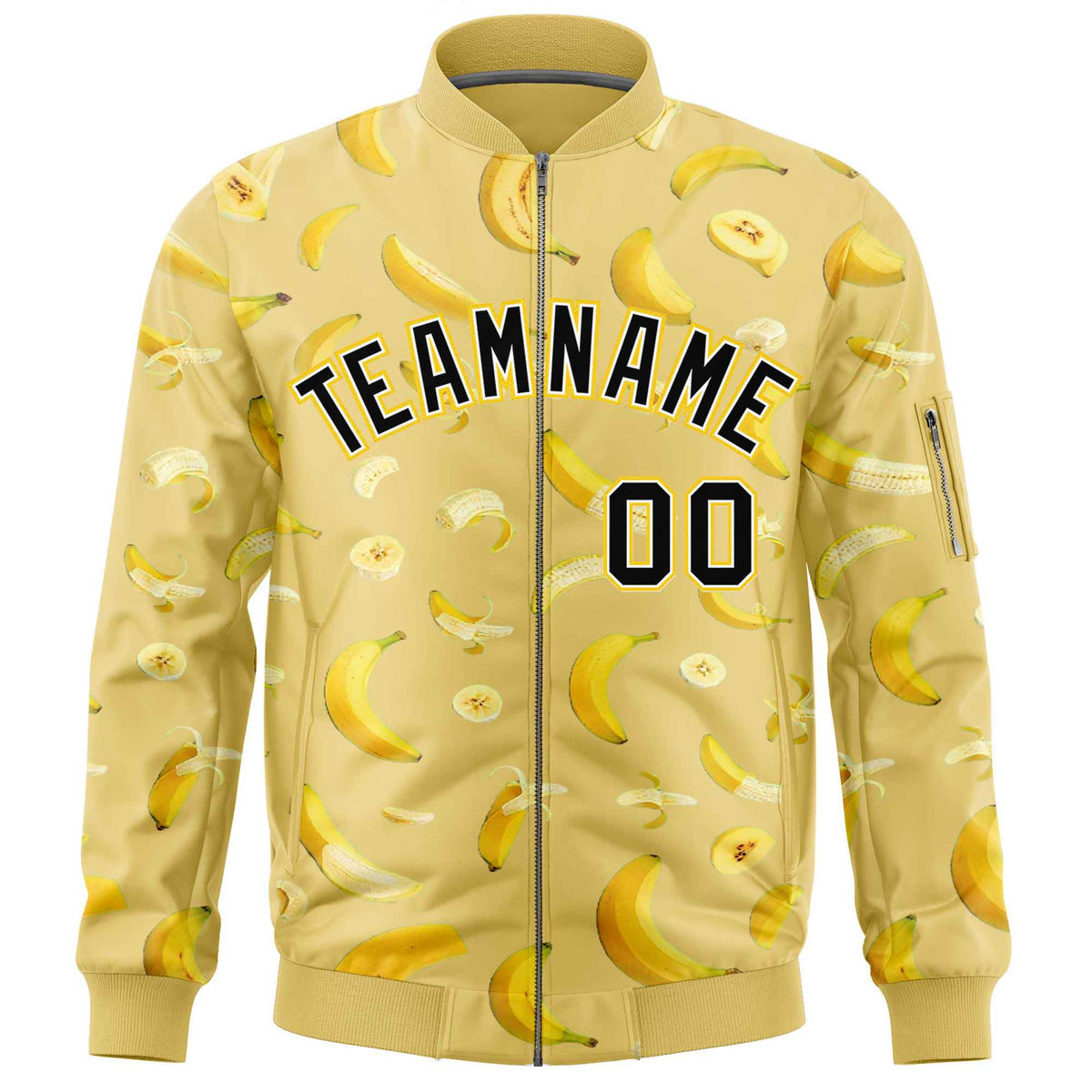 Custom Old Gold Varsity Full-Zip Banana Pattern Letterman Bomber Jacket | Graffiti Pattern | Embroidery&amp;Dye-sublimation printing | KXKSHOP