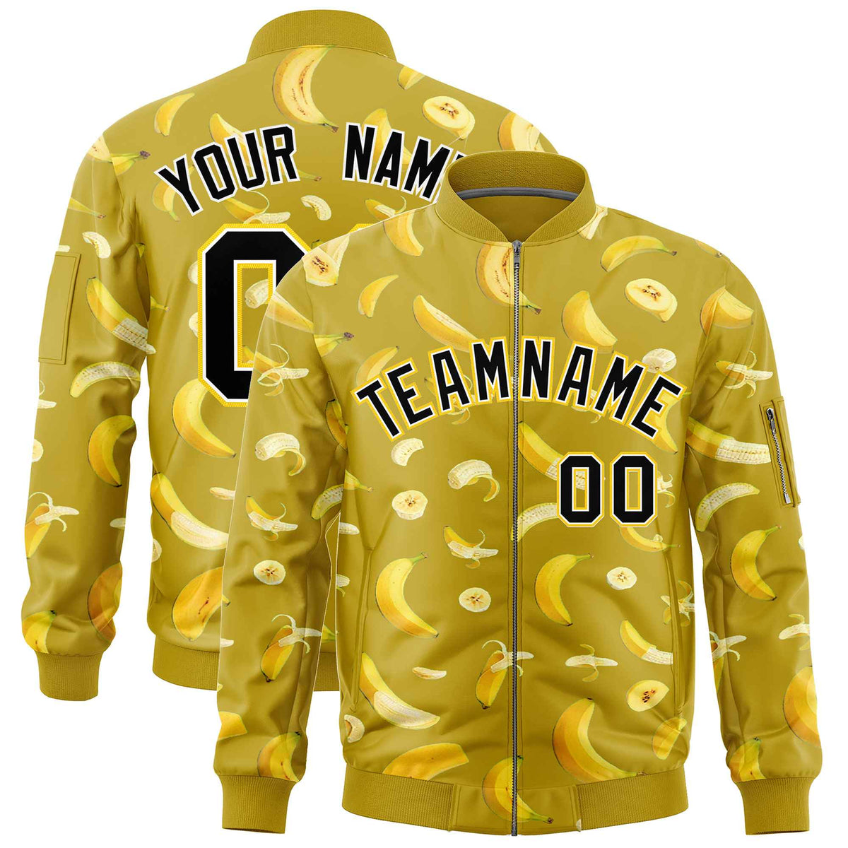 Custom Old Gold Varsity Full-Zip Banana Pattern Letterman Bomber Jacket | Graffiti Pattern | Embroidery&amp;Dye-sublimation printing | KXKSHOP