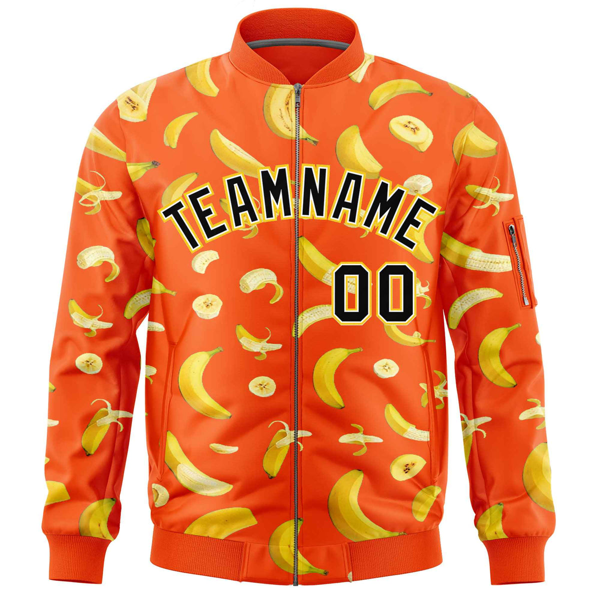 Custom Orange Varsity Full-Zip Banana Pattern Letterman Bomber Jacket | Graffiti Pattern | Embroidery&amp;Dye-sublimation printing | KXKSHOP
