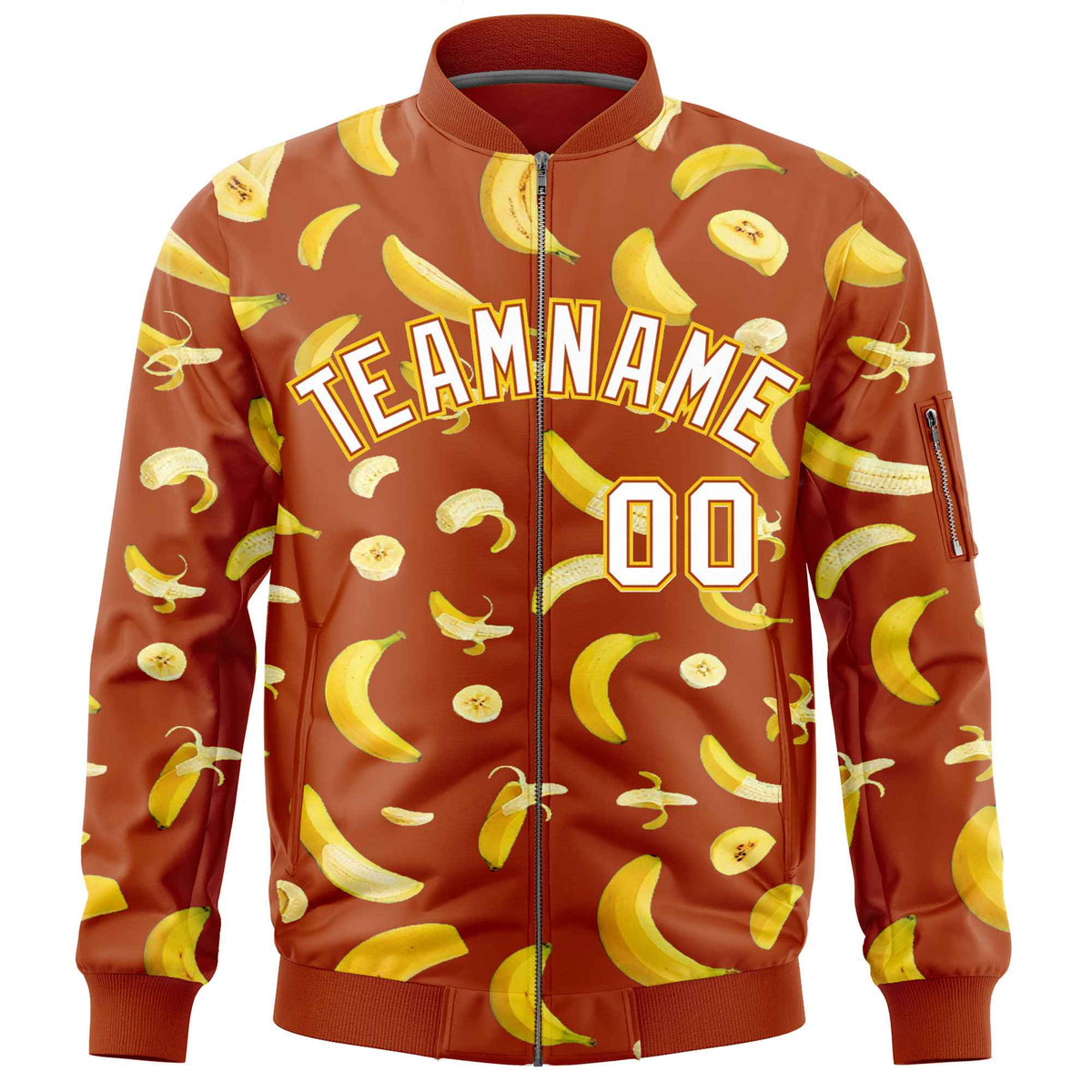 Custom Dark Orange Varsity Full-Zip Banana Pattern Letterman Bomber Jacket | Graffiti Pattern | Embroidery&amp;Dye-sublimation printing | KXKSHOP