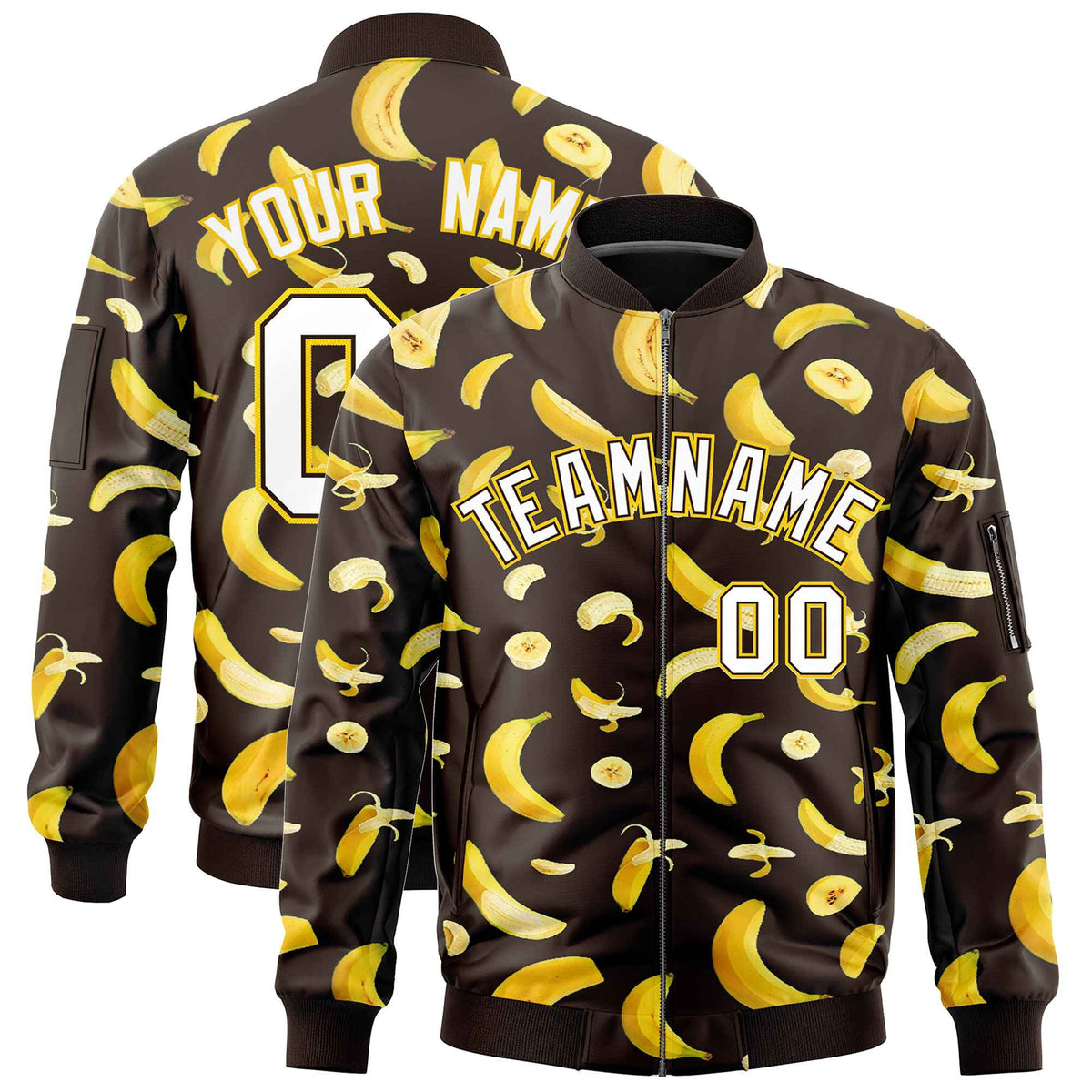 Custom Brown Varsity Full-Zip Banana Pattern Letterman Bomber Jacket | Graffiti Pattern | Embroidery&amp;Dye-sublimation printing | KXKSHOP
