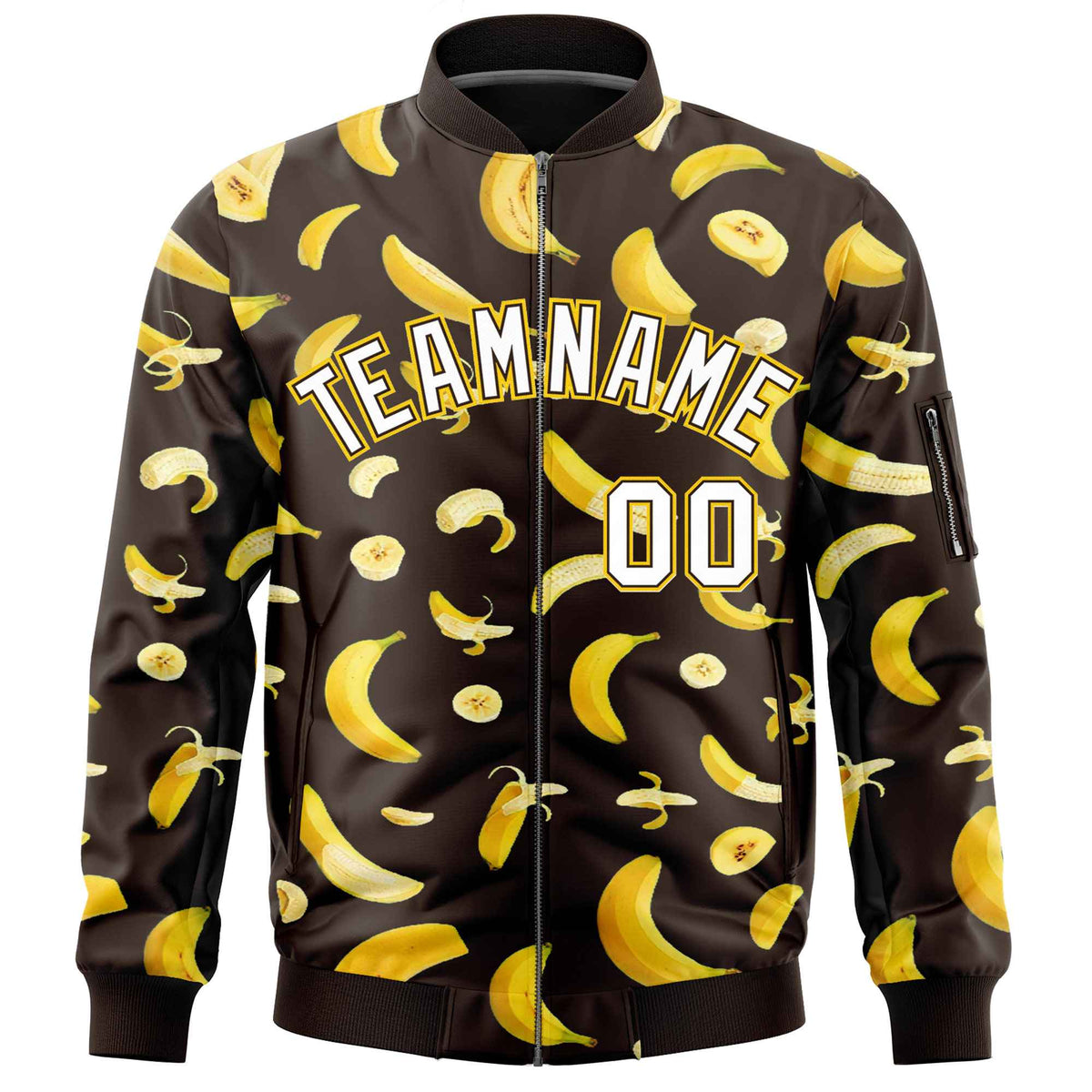 Custom Brown Varsity Full-Zip Banana Pattern Letterman Bomber Jacket | Graffiti Pattern | Embroidery&amp;Dye-sublimation printing | KXKSHOP