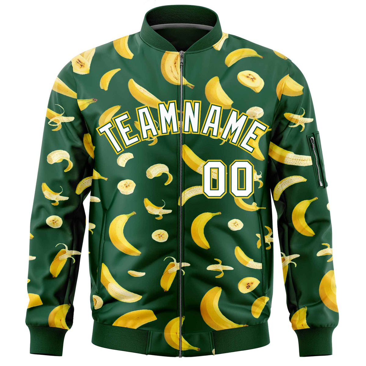 Custom Green Varsity Full-Zip Banana Pattern Letterman Bomber Jacket | Graffiti Pattern | Embroidery&amp;Dye-sublimation printing | KXKSHOP