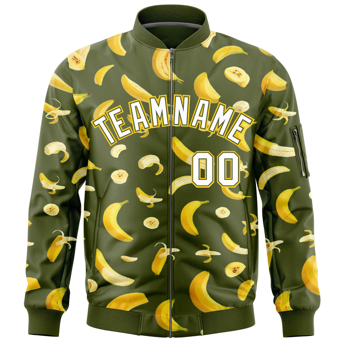 Custom Olive Varsity Full-Zip Banana Pattern Letterman Bomber Jacket | Graffiti Pattern | Embroidery&amp;Dye-sublimation printing | KXKSHOP