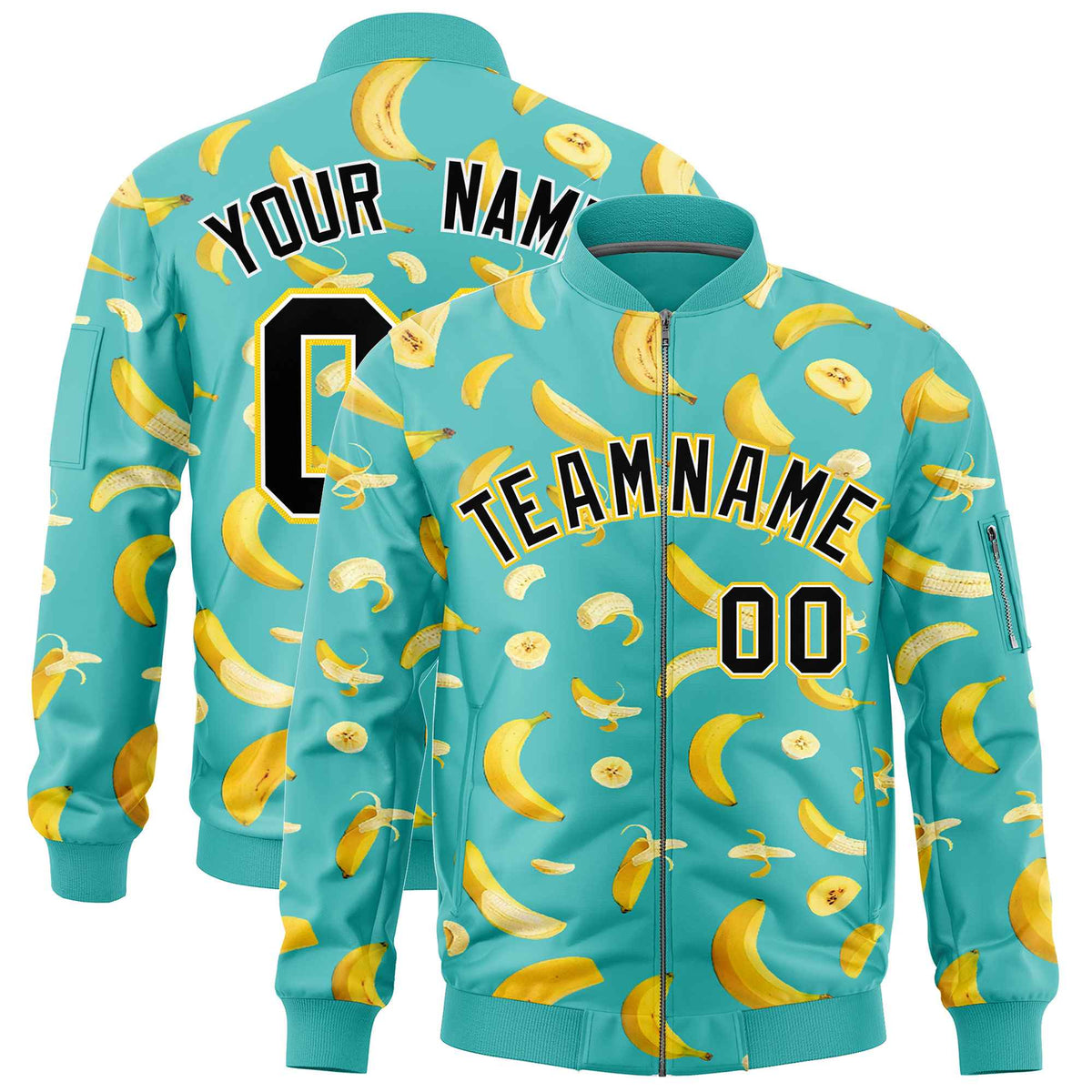 Custom Teal Varsity Full-Zip Banana Pattern Letterman Bomber Jacket | Graffiti Pattern | Embroidery&amp;Dye-sublimation printing | KXKSHOP