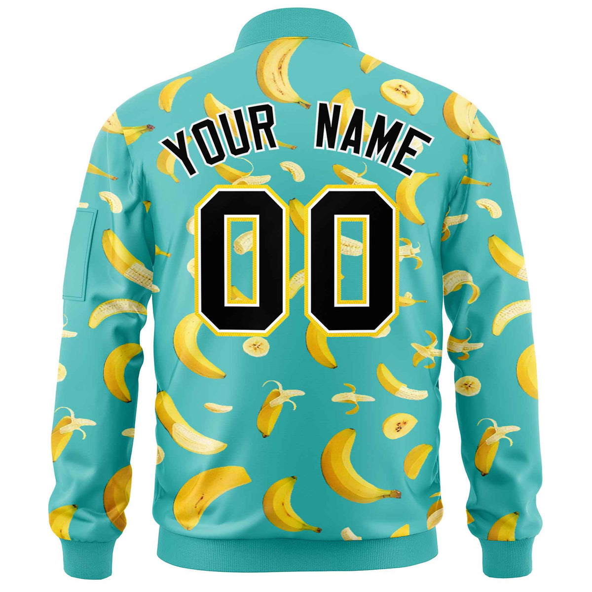 Custom Teal Varsity Full-Zip Banana Pattern Letterman Bomber Jacket | Graffiti Pattern | Embroidery&amp;Dye-sublimation printing | KXKSHOP