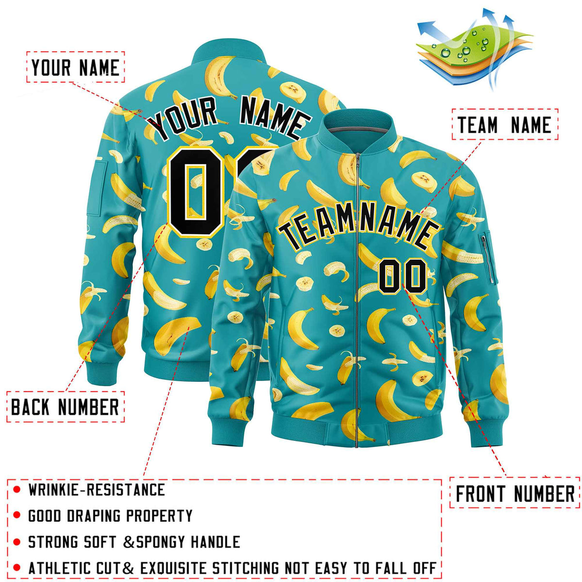 Custom Aqua Varsity Full-Zip Banana Pattern Letterman Bomber Jacket | Graffiti Pattern | Embroidery&amp;Dye-sublimation printing | KXKSHOP