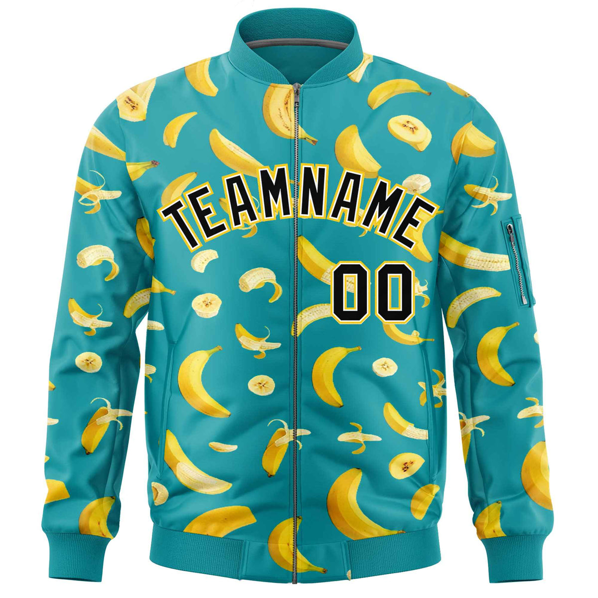 Custom Aqua Varsity Full-Zip Banana Pattern Letterman Bomber Jacket | Graffiti Pattern | Embroidery&amp;Dye-sublimation printing | KXKSHOP