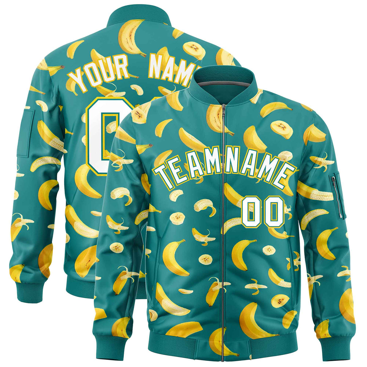 Custom Teal Varsity Full-Zip Banana Pattern Letterman Bomber Jacket | Graffiti Pattern | Embroidery&amp;Dye-sublimation printing | KXKSHOP