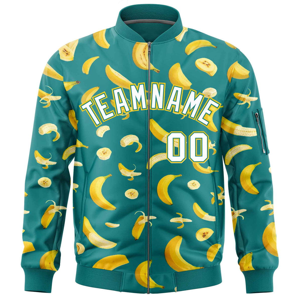 Custom Teal Varsity Full-Zip Banana Pattern Letterman Bomber Jacket | Graffiti Pattern | Embroidery&amp;Dye-sublimation printing | KXKSHOP