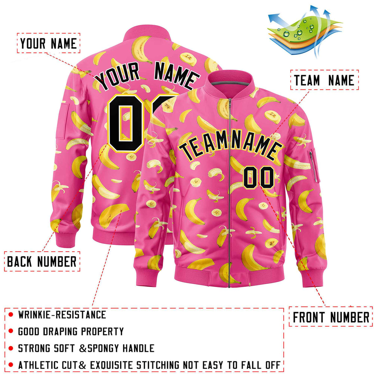 Custom Pink Varsity Full-Zip Banana Pattern Letterman Bomber Jacket | Graffiti Pattern | Embroidery&amp;Dye-sublimation printing | KXKSHOP