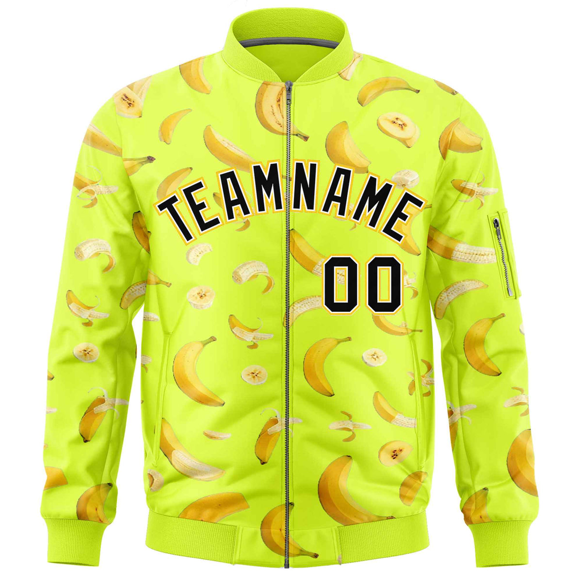 Custom Fluorescent Green Varsity Full-Zip Banana Pattern Letterman Bomber Jacket | Graffiti Pattern | Embroidery&amp;Dye-sublimation printing | KXKSHOP