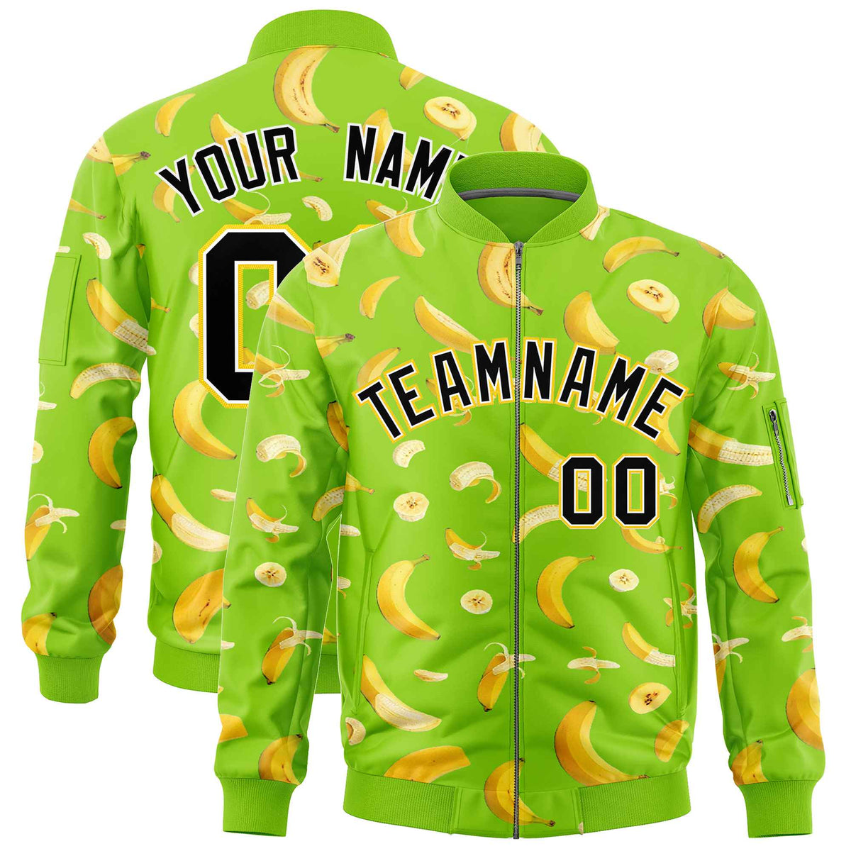Custom Neon Green Varsity Full-Zip Banana Pattern Letterman Bomber Jacket | Graffiti Pattern | Embroidery&amp;Dye-sublimation printing | KXKSHOP