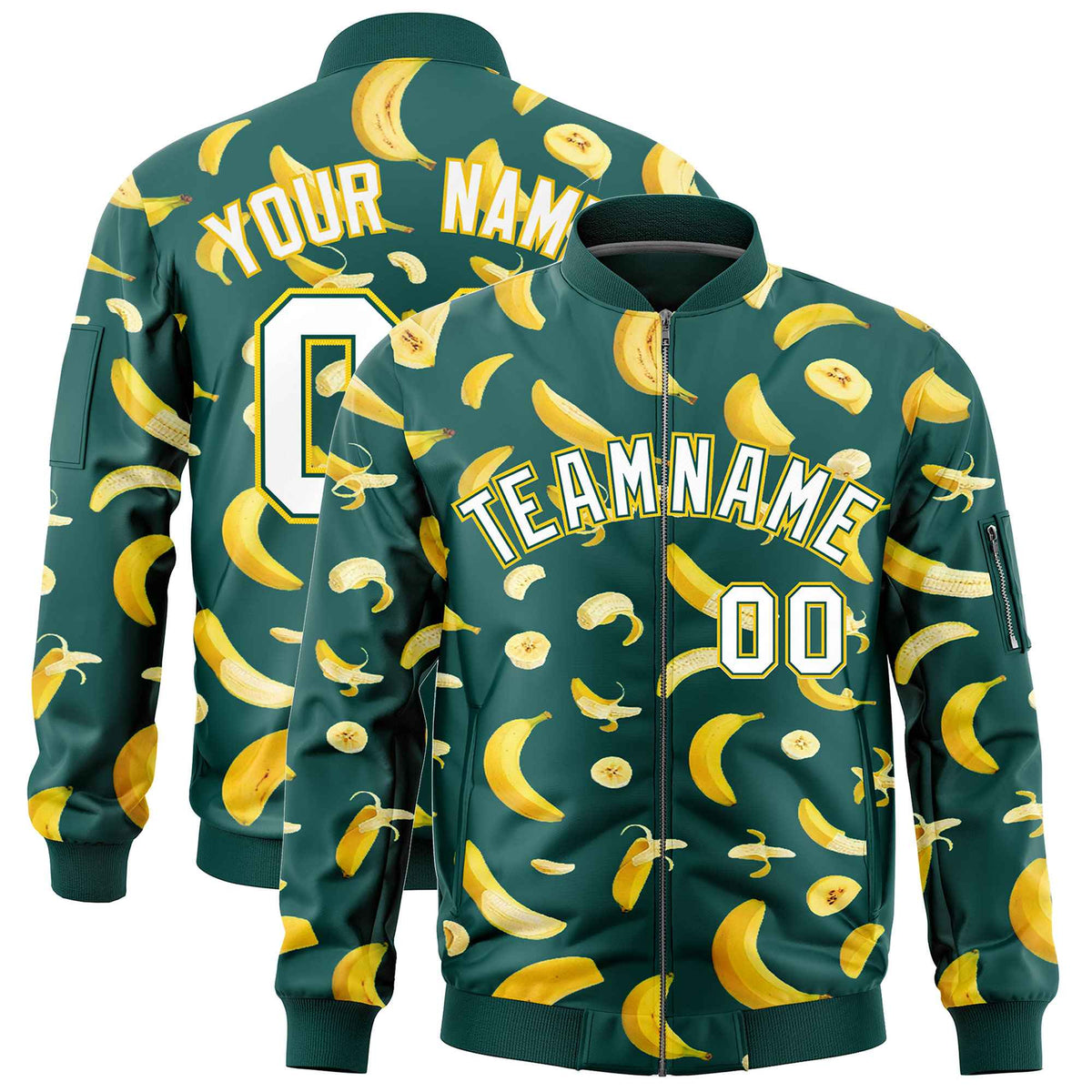 Custom Midnight Green Varsity Full-Zip Banana Pattern Letterman Bomber Jacket | Graffiti Pattern | Embroidery&amp;Dye-sublimation printing | KXKSHOP