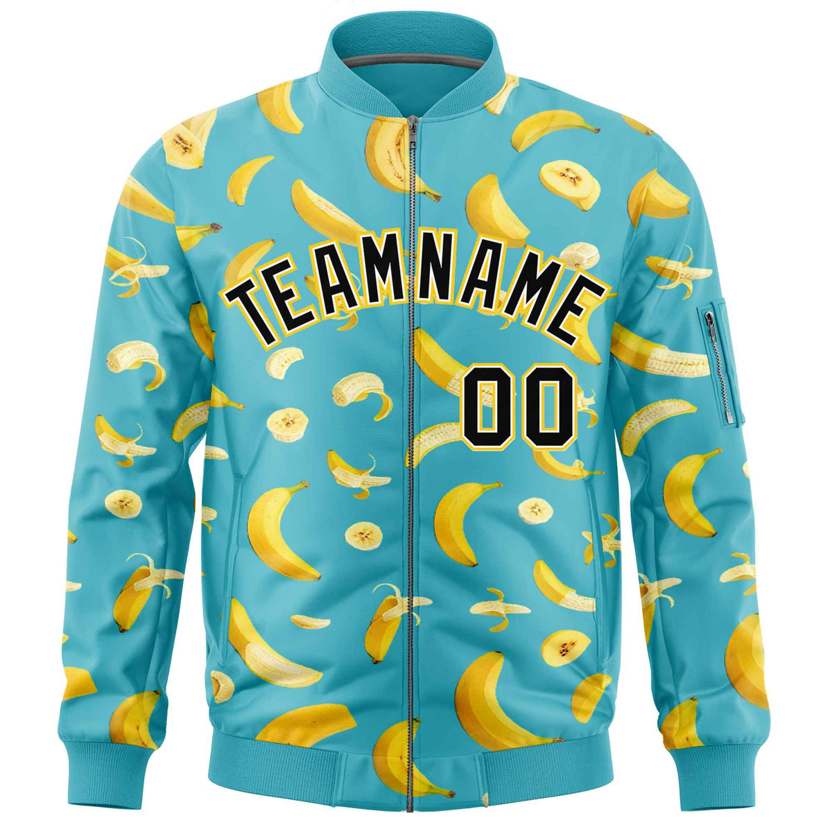 Custom Sky Blue Varsity Full-Zip Banana Pattern Letterman Bomber Jacket | Graffiti Pattern | Embroidery&amp;Dye-sublimation printing | KXKSHOP