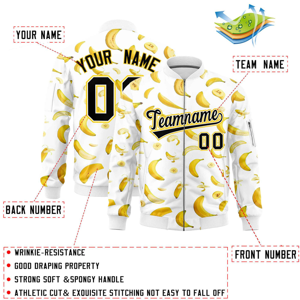 Custom White Varsity Full-Zip Banana Pattern Letterman Bomber Jacket | Graffiti Pattern | Embroidery&amp;Dye-sublimation printing | KXKSHOP