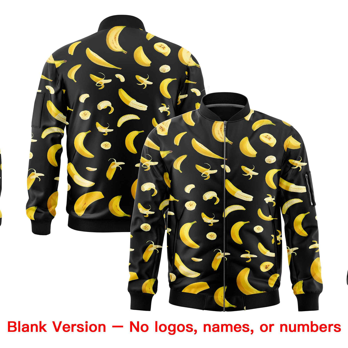 Custom Black Varsity Full-Zip Banana Pattern Letterman Bomber Jacket | Graffiti Pattern | Embroidery&amp;Dye-sublimation printing | KXKSHOP
