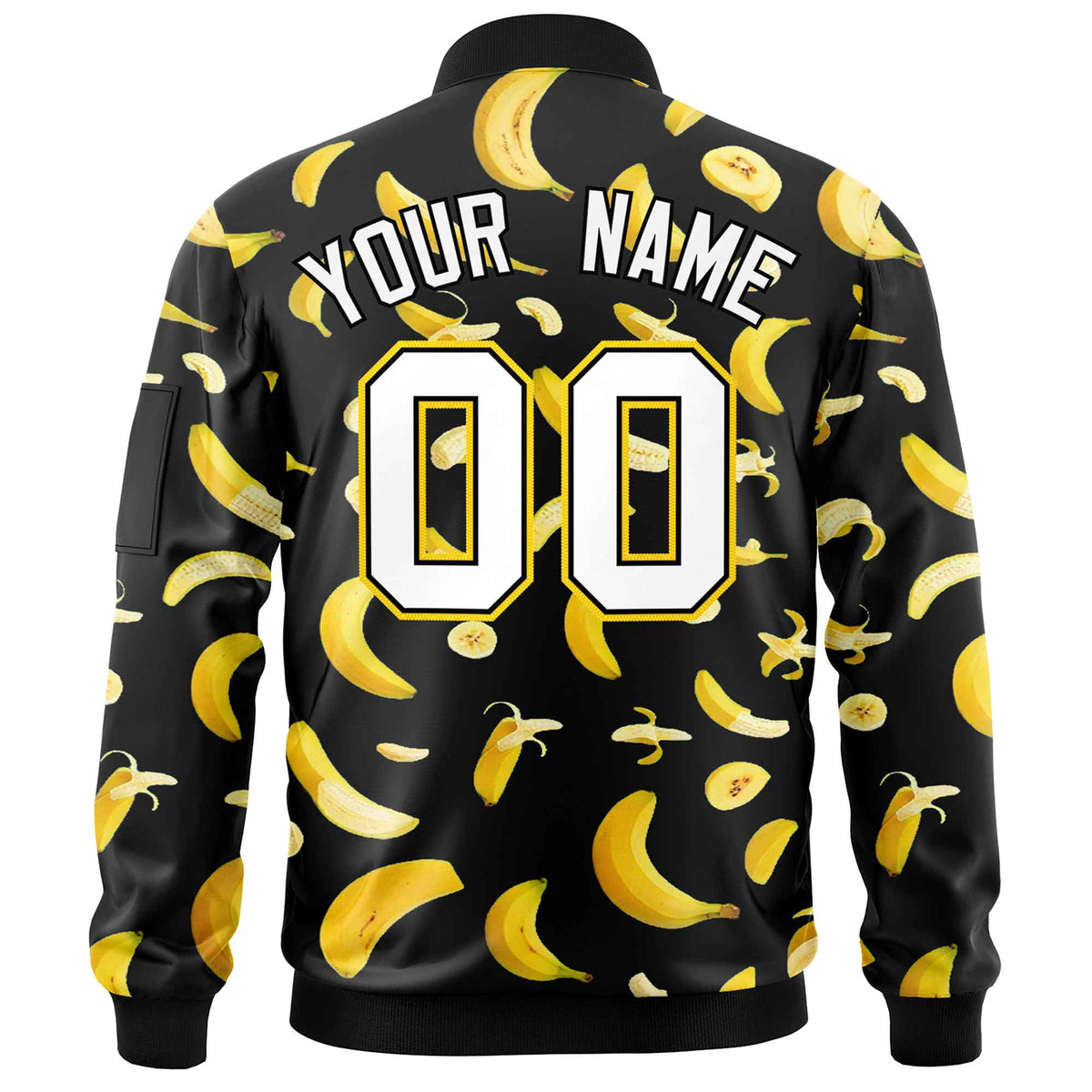 Custom Black Varsity Full-Zip Banana Pattern Letterman Bomber Jacket | Graffiti Pattern | Embroidery&amp;Dye-sublimation printing | KXKSHOP