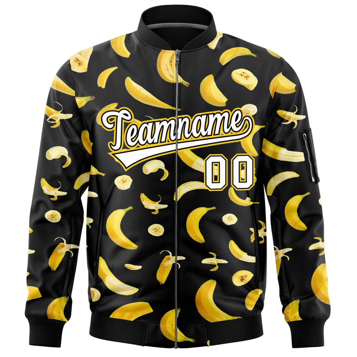 Custom Black Varsity Full-Zip Banana Pattern Letterman Bomber Jacket | Graffiti Pattern | Embroidery&amp;Dye-sublimation printing | KXKSHOP