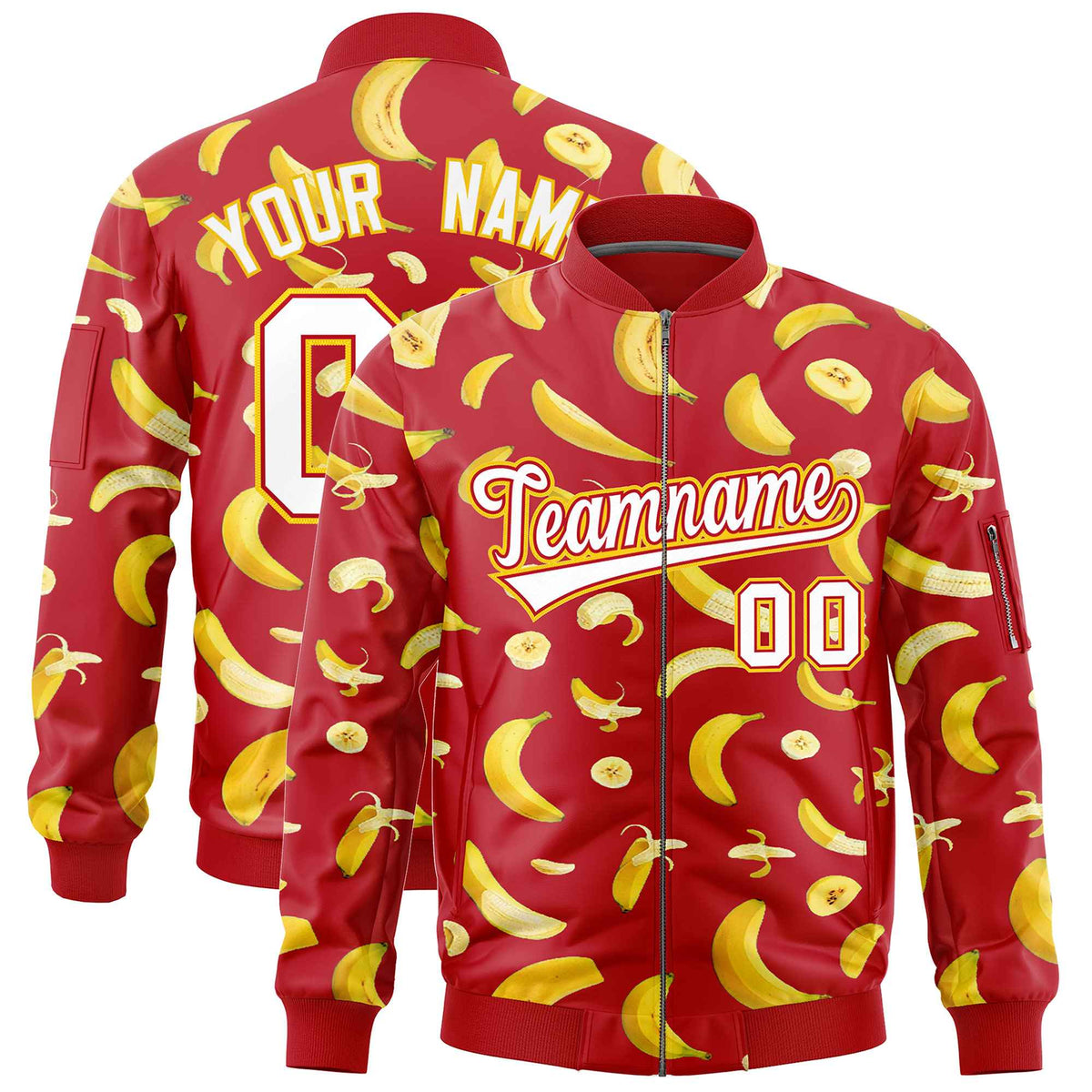 Custom Red Varsity Full-Zip Banana Pattern Letterman Bomber Jacket | Graffiti Pattern | Embroidery&amp;Dye-sublimation printing | KXKSHOP
