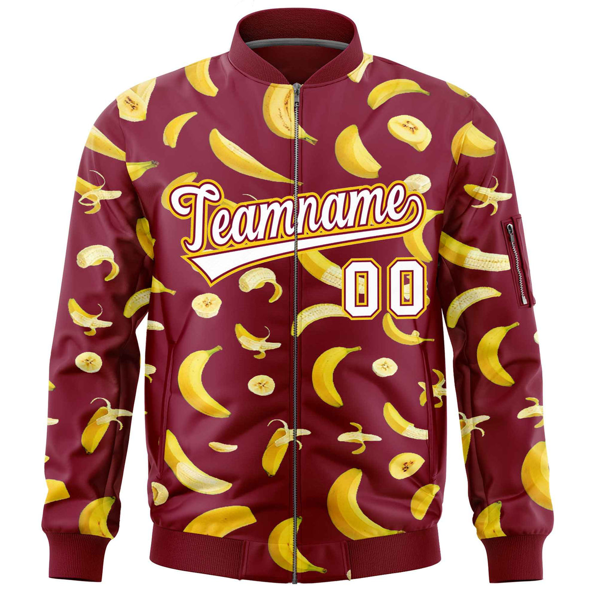 Custom Crimson Varsity Full-Zip Banana Pattern Letterman Bomber Jacket | Graffiti Pattern | Embroidery&amp;Dye-sublimation printing | KXKSHOP