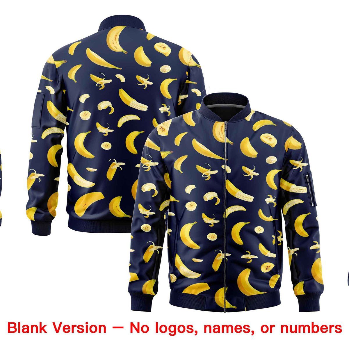 Custom Navy Varsity Full-Zip Banana Pattern Letterman Bomber Jacket | Graffiti Pattern | Embroidery&amp;Dye-sublimation printing | KXKSHOP
