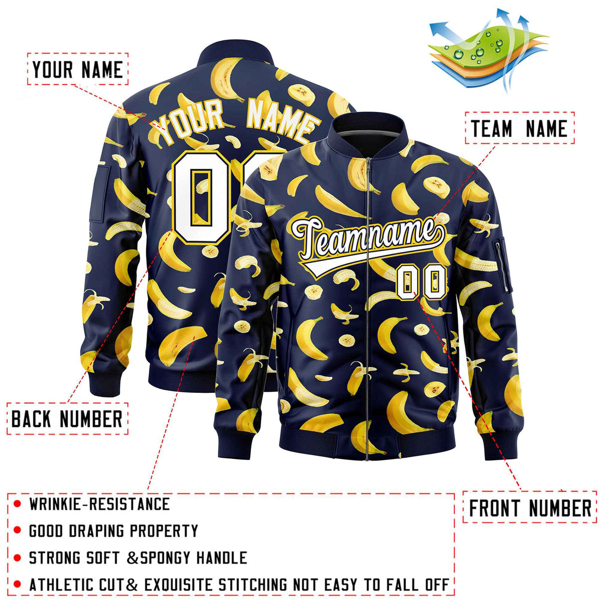 Custom Navy Varsity Full-Zip Banana Pattern Letterman Bomber Jacket | Graffiti Pattern | Embroidery&amp;Dye-sublimation printing | KXKSHOP