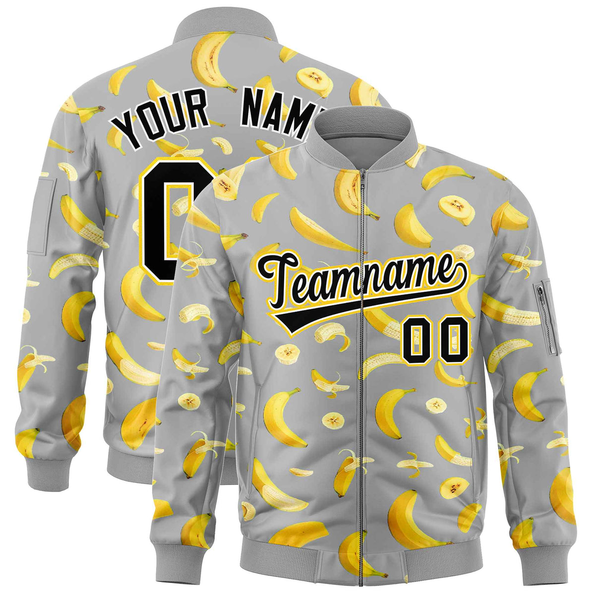 Custom Gray Varsity Full-Zip Banana Pattern Letterman Bomber Jacket | Graffiti Pattern | Embroidery&amp;Dye-sublimation printing | KXKSHOP