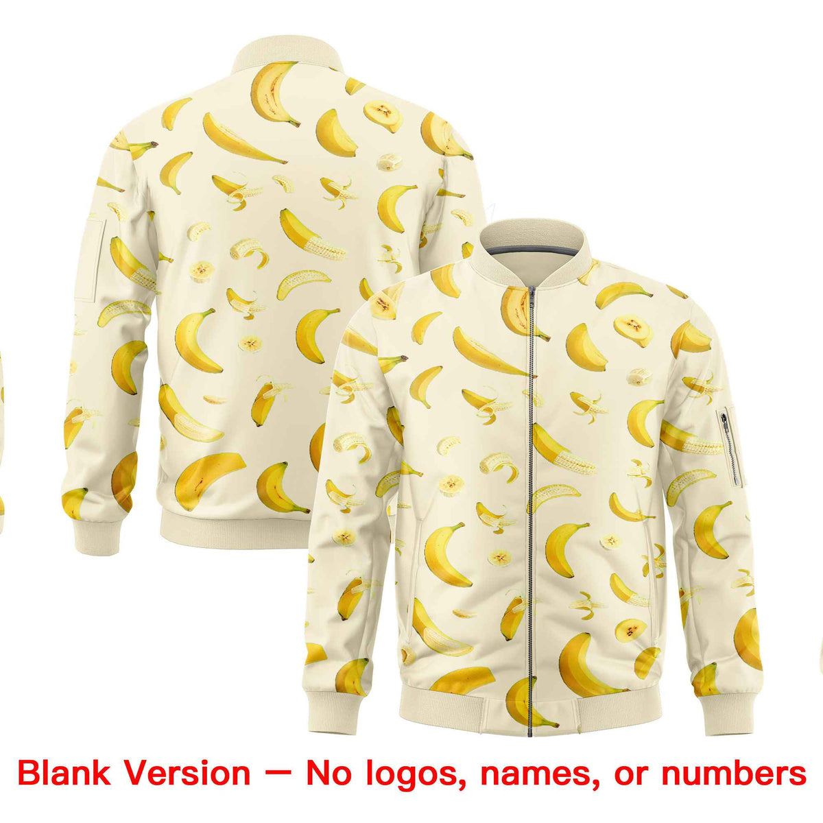 Custom Cream Varsity Full-Zip Banana Pattern Letterman Bomber Jacket | Graffiti Pattern | Embroidery&amp;Dye-sublimation printing | KXKSHOP