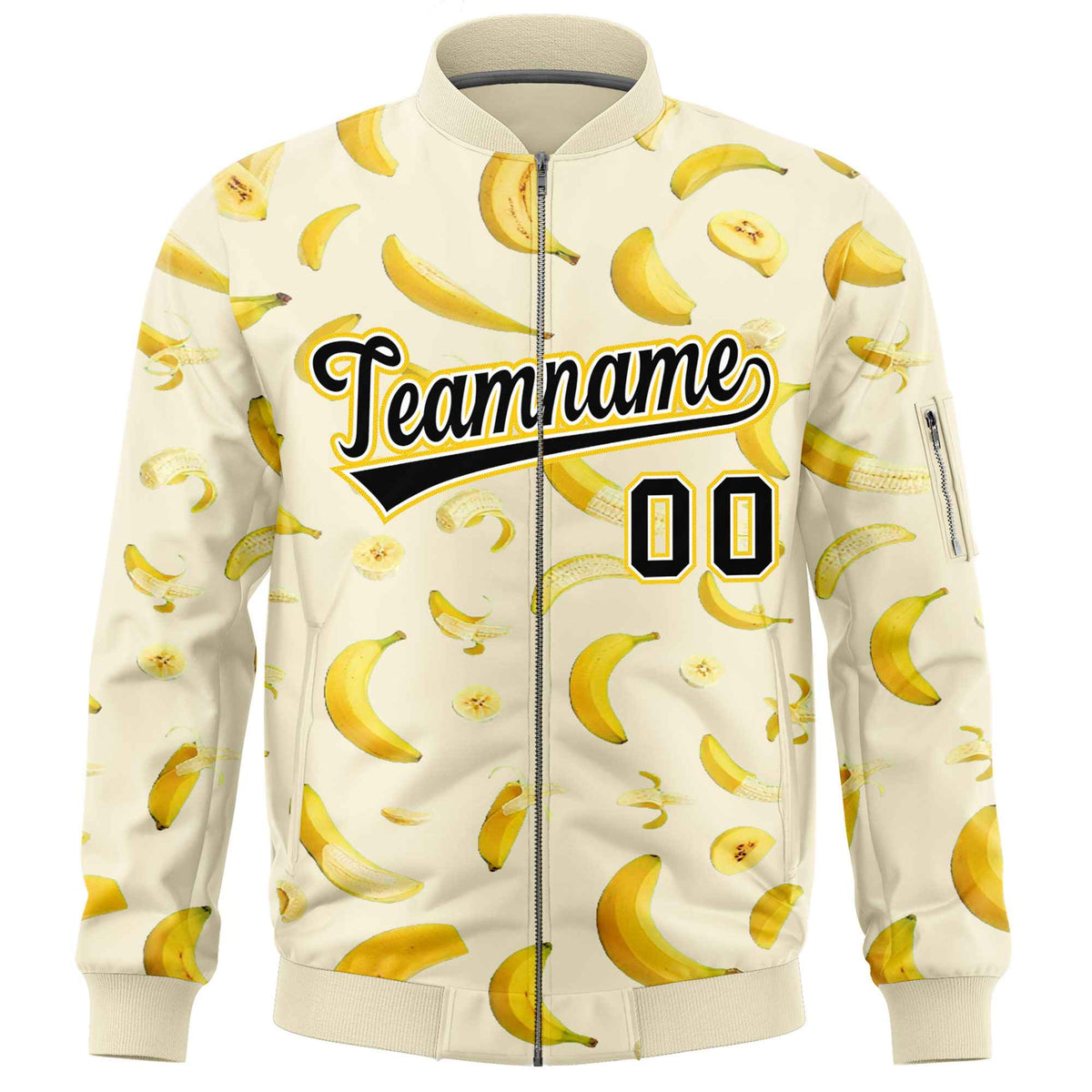 Custom Cream Varsity Full-Zip Banana Pattern Letterman Bomber Jacket | Graffiti Pattern | Embroidery&amp;Dye-sublimation printing | KXKSHOP