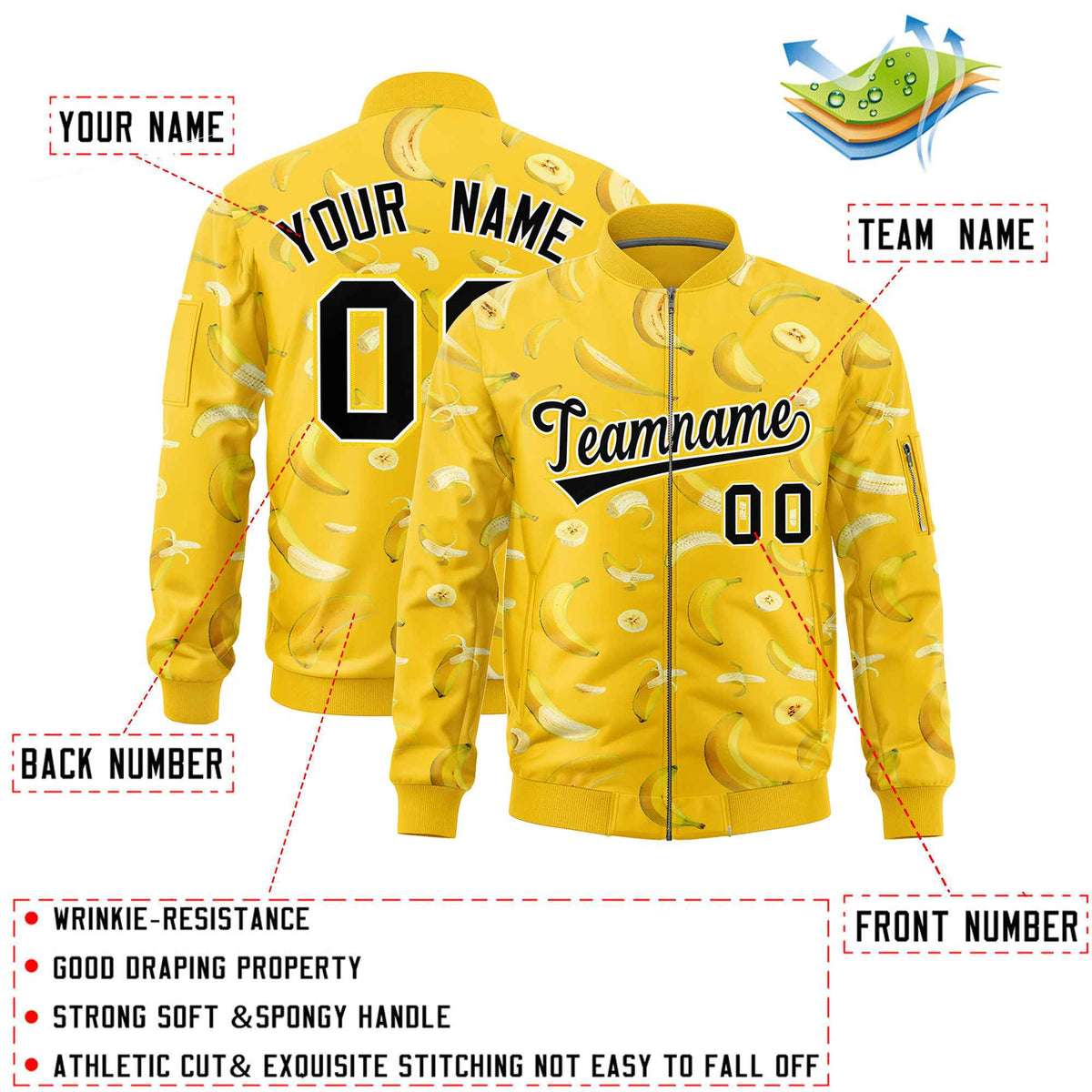 Custom Gold Varsity Full-Zip Banana Pattern Letterman Bomber Jacket | Graffiti Pattern | Embroidery&amp;Dye-sublimation printing | KXKSHOP