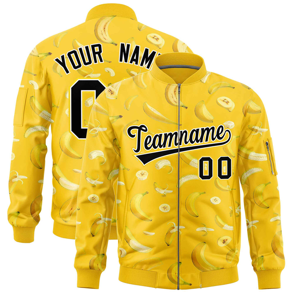 Custom Gold Varsity Full-Zip Banana Pattern Letterman Bomber Jacket | Graffiti Pattern | Embroidery&amp;Dye-sublimation printing | KXKSHOP