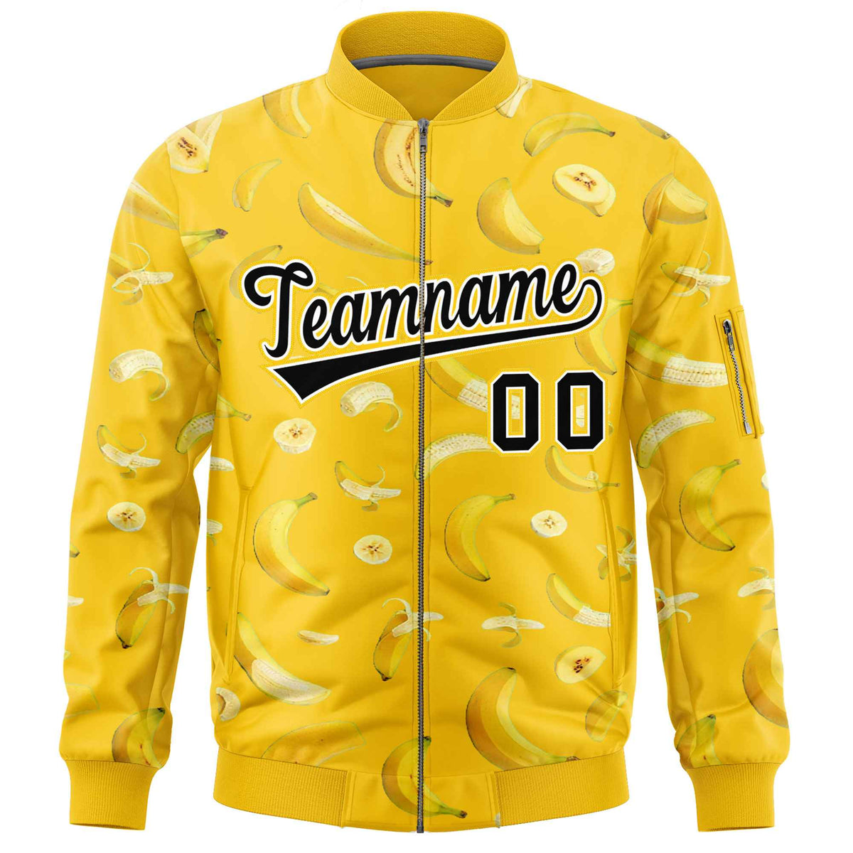 Custom Gold Varsity Full-Zip Banana Pattern Letterman Bomber Jacket | Graffiti Pattern | Embroidery&amp;Dye-sublimation printing | KXKSHOP