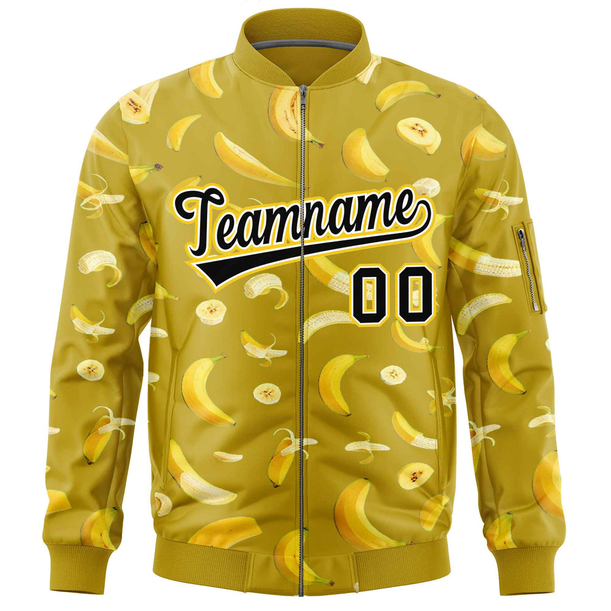 Custom Old Gold Varsity Full-Zip Banana Pattern Letterman Bomber Jacket | Graffiti Pattern | Embroidery&amp;Dye-sublimation printing | KXKSHOP