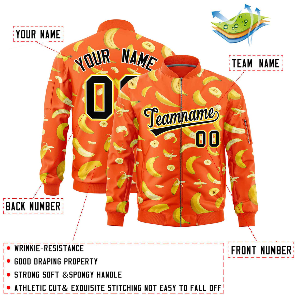 Custom Orange Varsity Full-Zip Banana Pattern Letterman Bomber Jacket | Graffiti Pattern | Embroidery&amp;Dye-sublimation printing | KXKSHOP