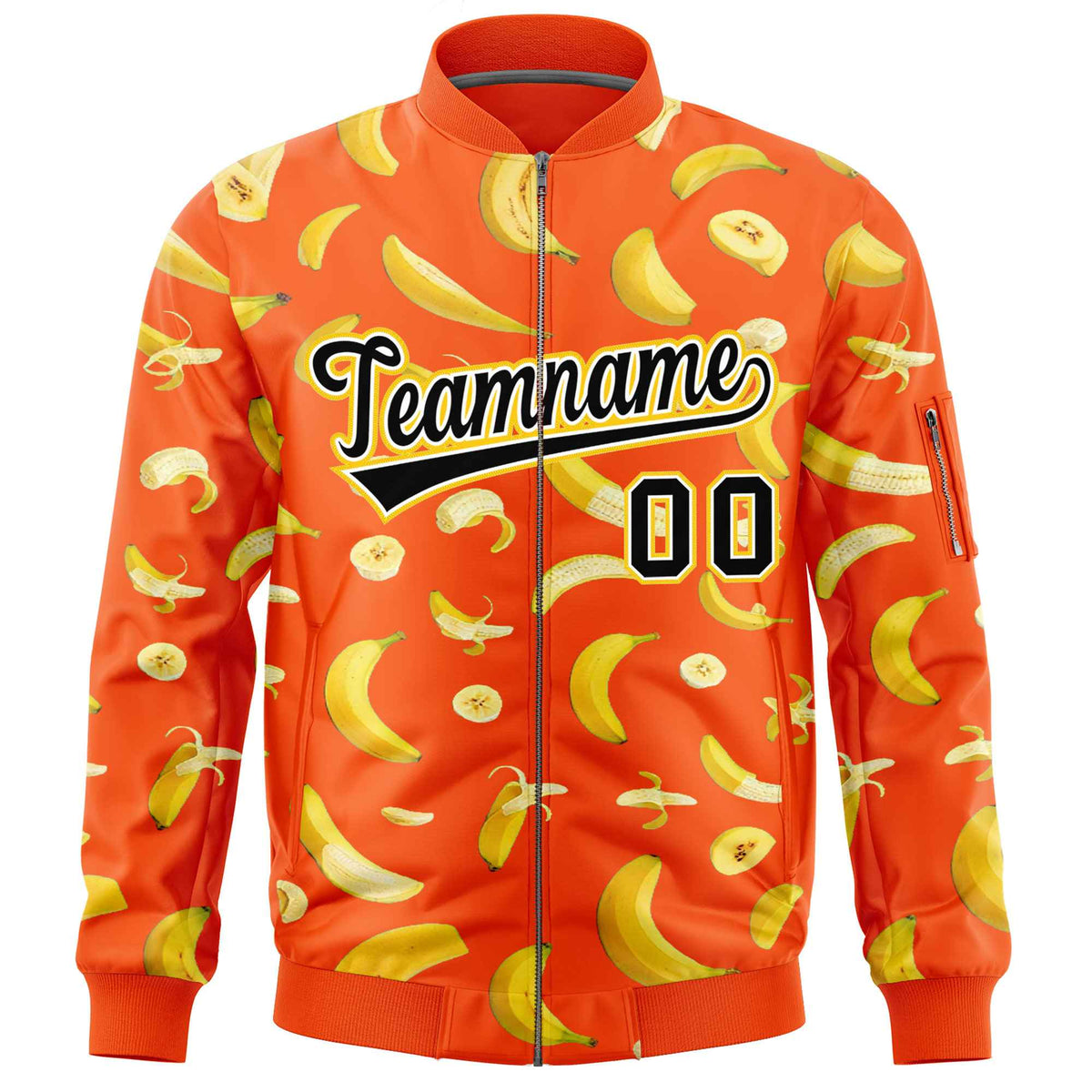 Custom Orange Varsity Full-Zip Banana Pattern Letterman Bomber Jacket | Graffiti Pattern | Embroidery&amp;Dye-sublimation printing | KXKSHOP