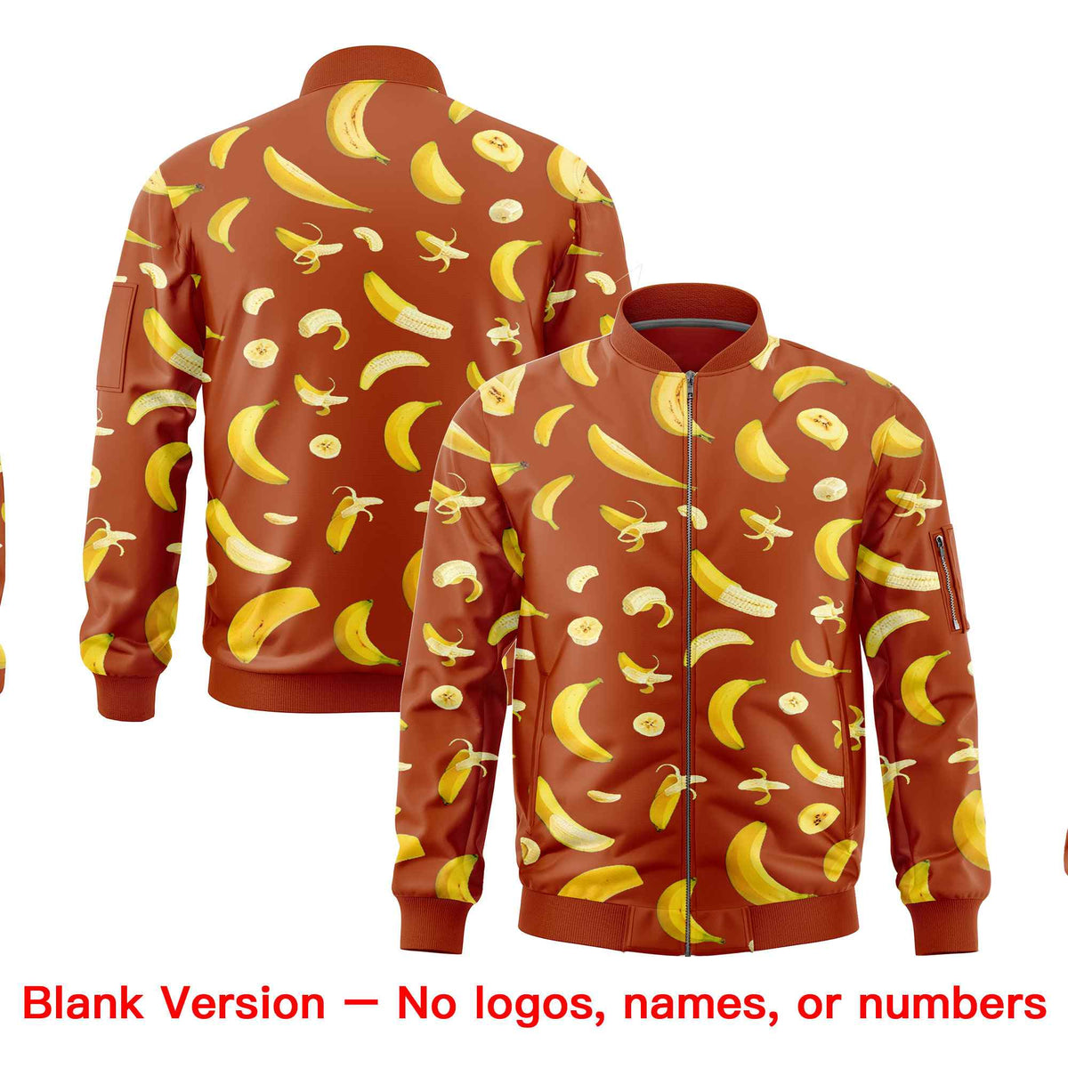 Custom Dark Orange Varsity Full-Zip Banana Pattern Letterman Bomber Jacket | Graffiti Pattern | Embroidery&amp;Dye-sublimation printing | KXKSHOP