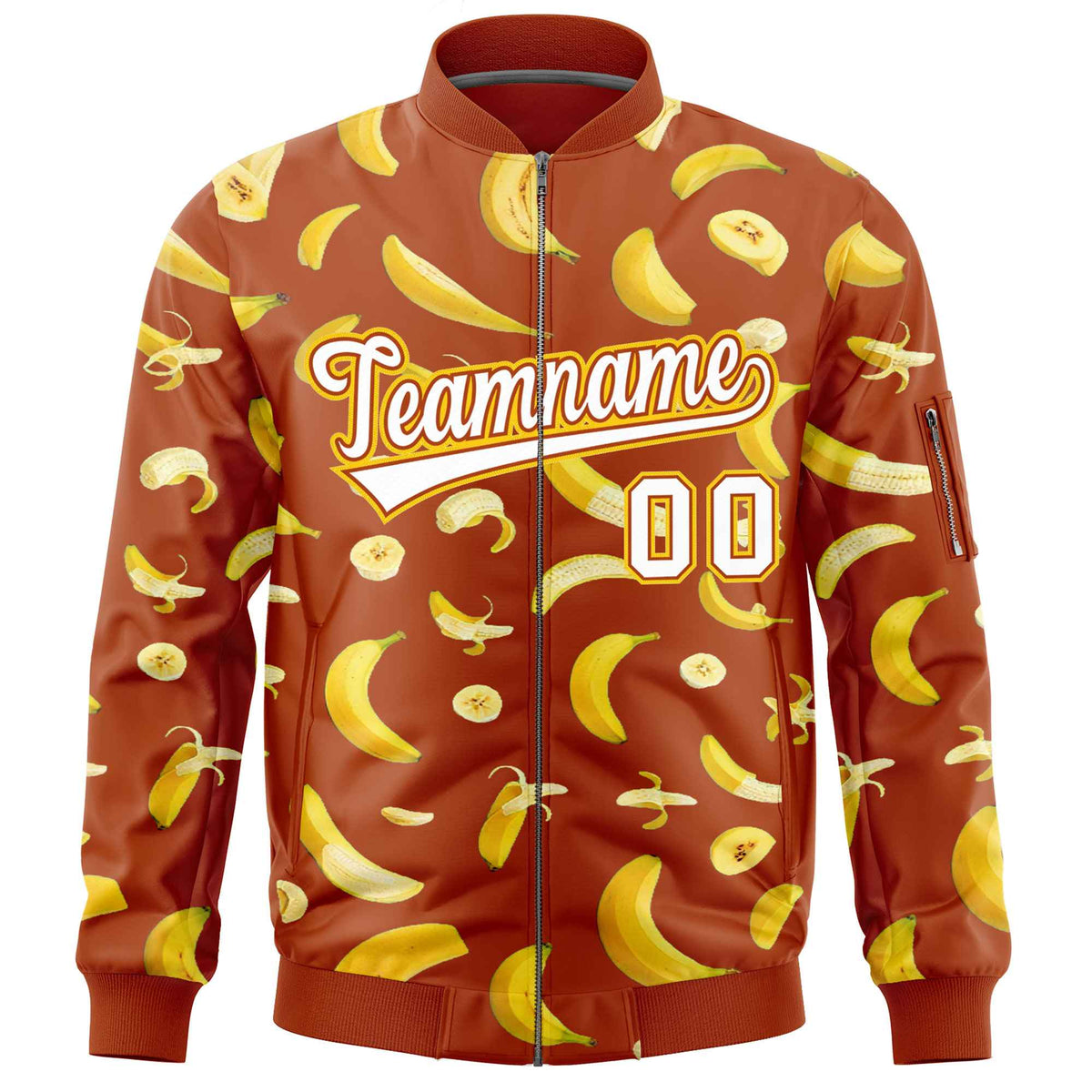 Custom Dark Orange Varsity Full-Zip Banana Pattern Letterman Bomber Jacket | Graffiti Pattern | Embroidery&amp;Dye-sublimation printing | KXKSHOP