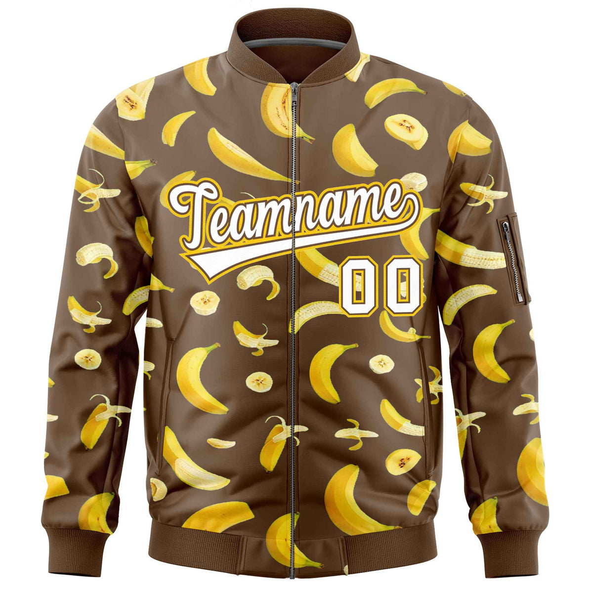 Custom Light Brown Varsity Full-Zip Banana Pattern Letterman Bomber Jacket | Graffiti Pattern | Embroidery&amp;Dye-sublimation printing | KXKSHOP