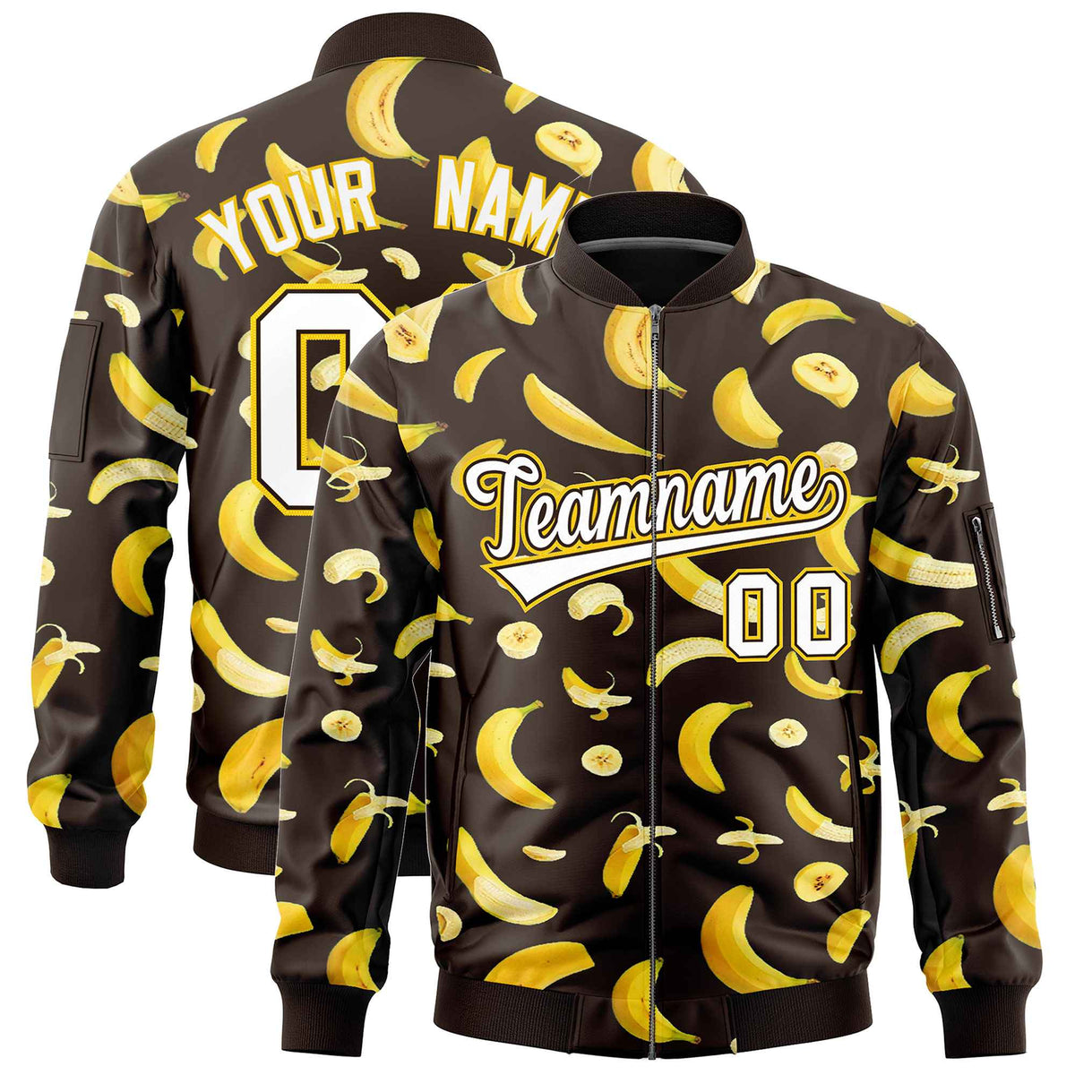 Custom Brown Varsity Full-Zip Banana Pattern Letterman Bomber Jacket | Graffiti Pattern | Embroidery&amp;Dye-sublimation printing | KXKSHOP