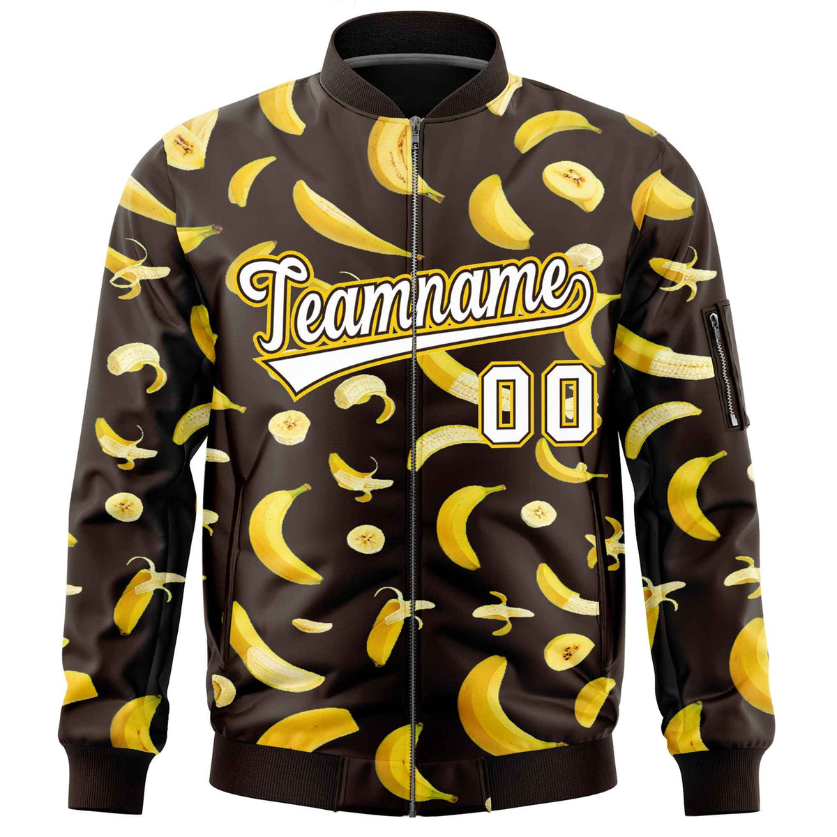 Custom Brown Varsity Full-Zip Banana Pattern Letterman Bomber Jacket | Graffiti Pattern | Embroidery&amp;Dye-sublimation printing | KXKSHOP