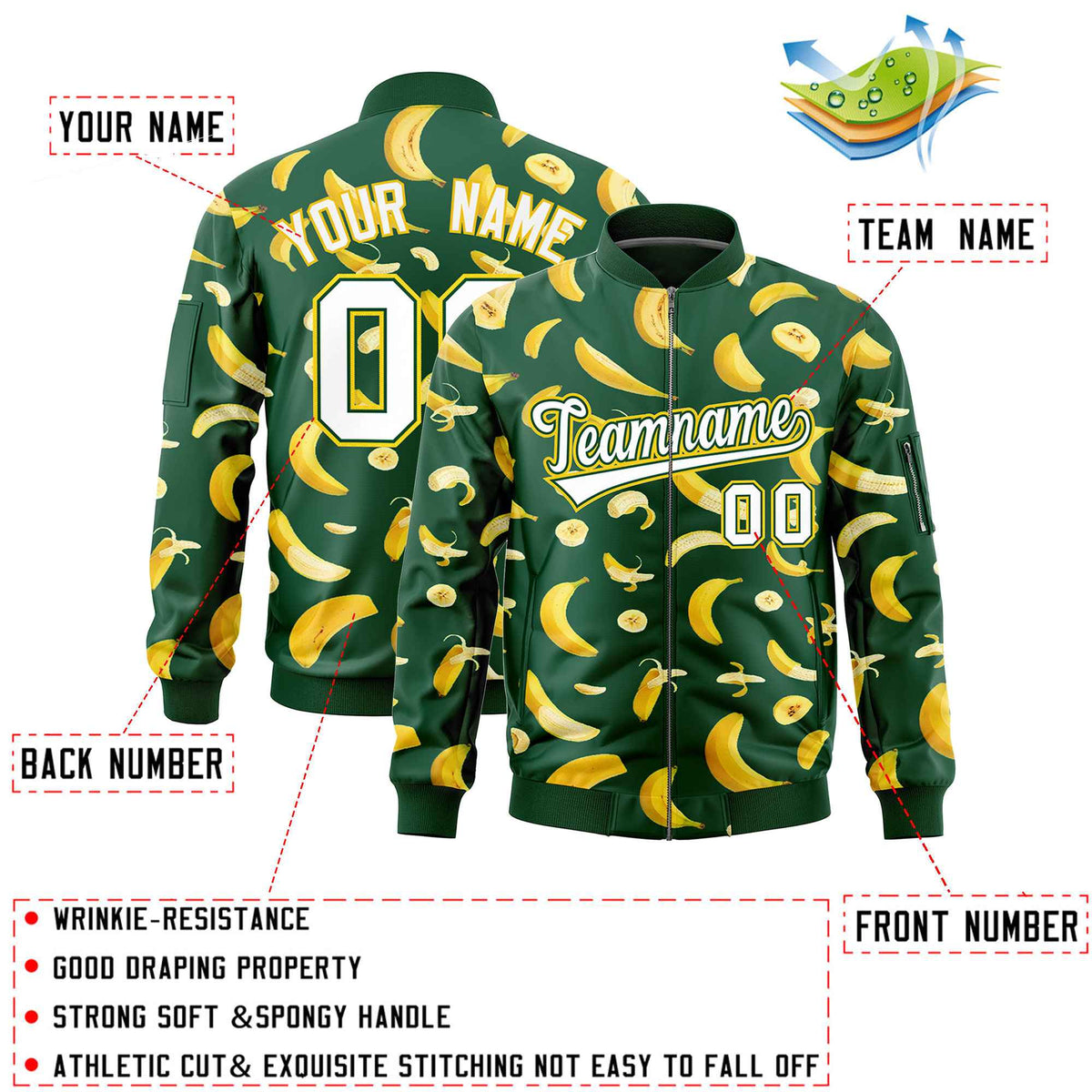 Custom Green Varsity Full-Zip Banana Pattern Letterman Bomber Jacket | Graffiti Pattern | Embroidery&amp;Dye-sublimation printing | KXKSHOP