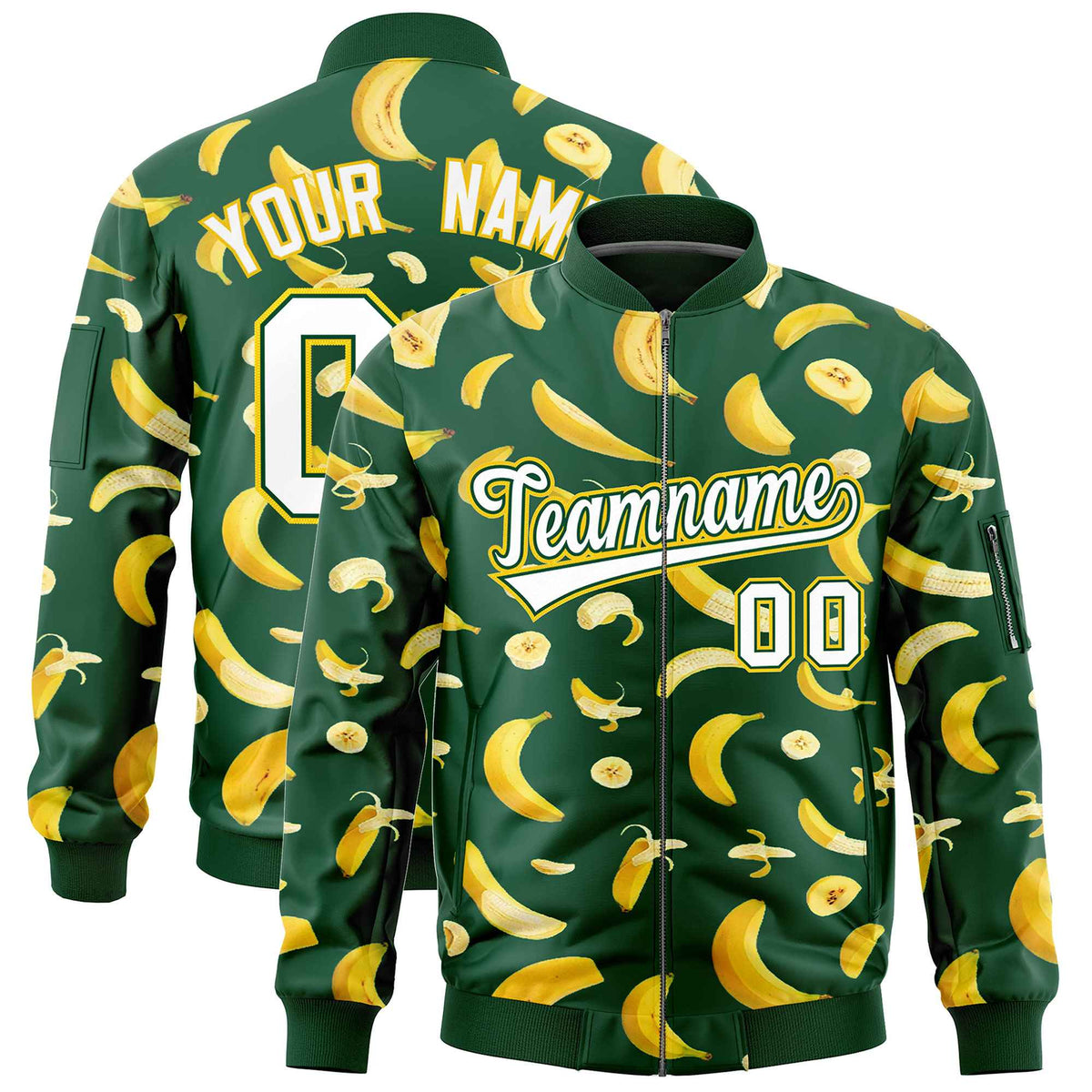 Custom Green Varsity Full-Zip Banana Pattern Letterman Bomber Jacket | Graffiti Pattern | Embroidery&amp;Dye-sublimation printing | KXKSHOP