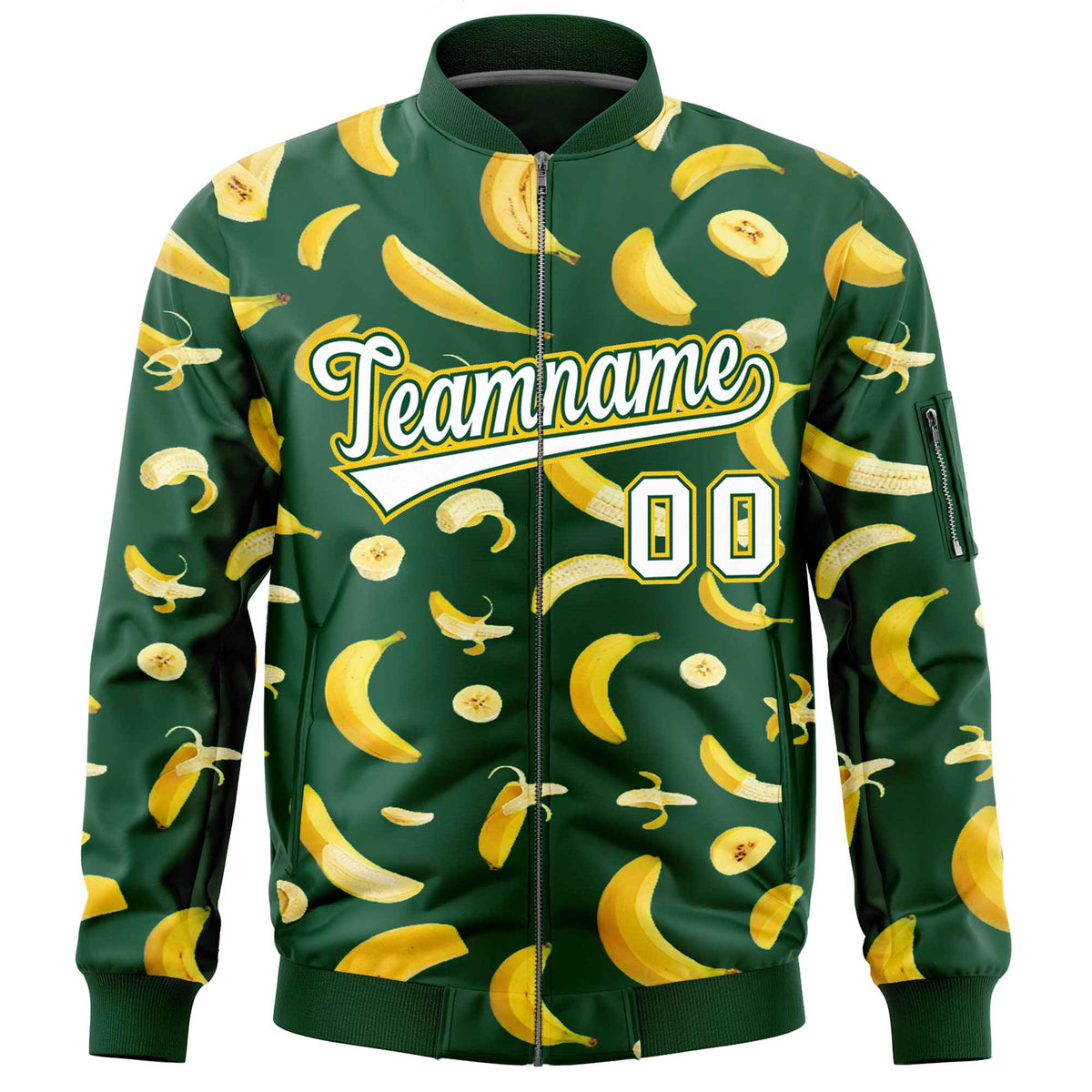 Custom Green Varsity Full-Zip Banana Pattern Letterman Bomber Jacket | Graffiti Pattern | Embroidery&amp;Dye-sublimation printing | KXKSHOP