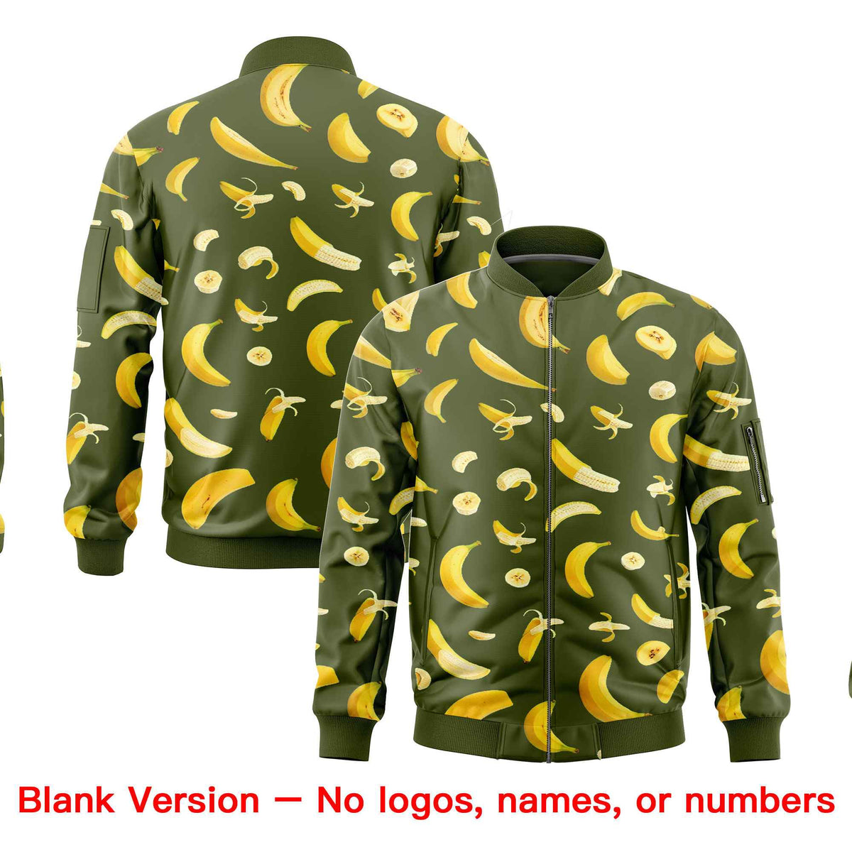 Custom Olive Varsity Full-Zip Banana Pattern Letterman Bomber Jacket | Graffiti Pattern | Embroidery&amp;Dye-sublimation printing | KXKSHOP