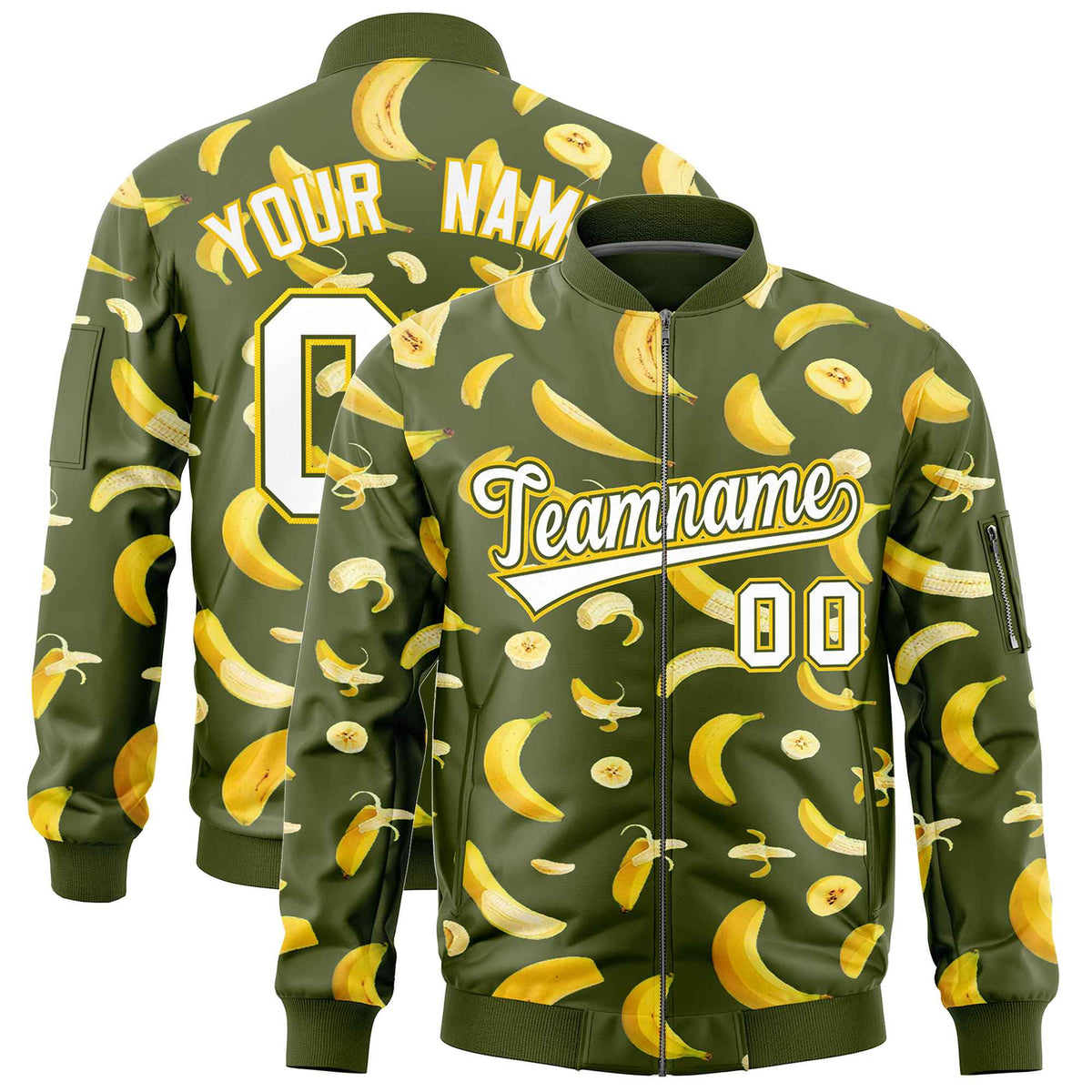 Custom Olive Varsity Full-Zip Banana Pattern Letterman Bomber Jacket | Graffiti Pattern | Embroidery&amp;Dye-sublimation printing | KXKSHOP