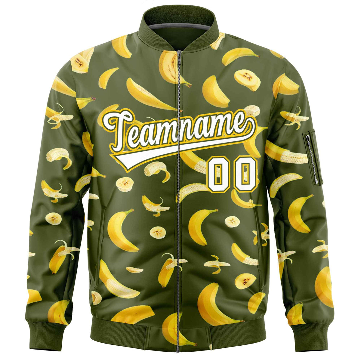 Custom Olive Varsity Full-Zip Banana Pattern Letterman Bomber Jacket | Graffiti Pattern | Embroidery&amp;Dye-sublimation printing | KXKSHOP